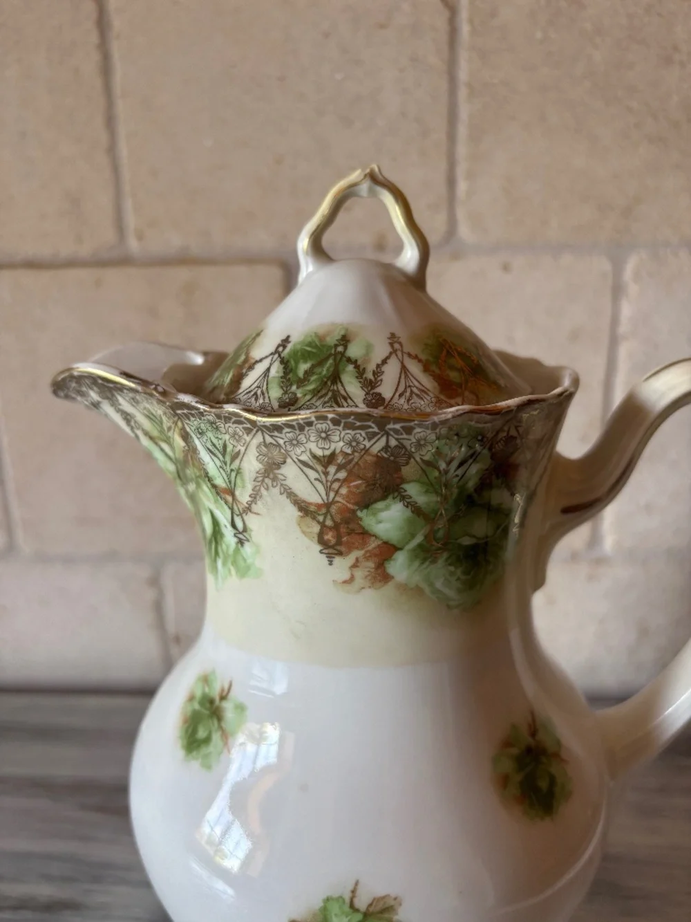 Antique Chocolate Pot Green Floral Gold Trim